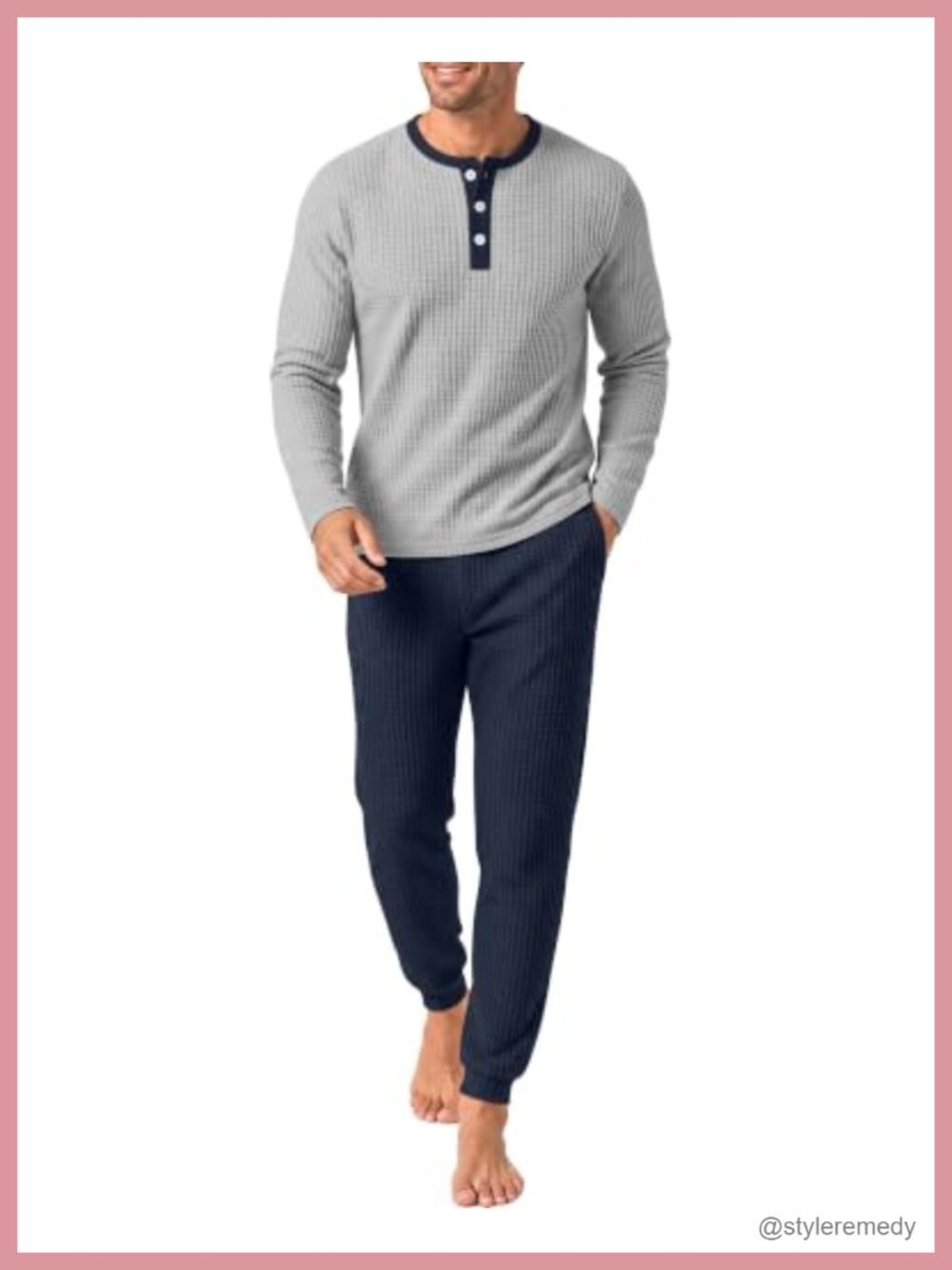 Men's Waffle Knit Pajama Set 2 Piece Henley Top & Pants